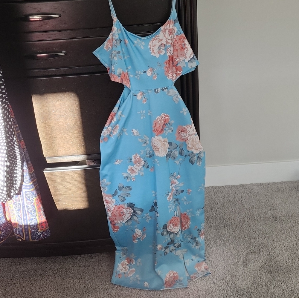 Bebe Blue Floral Cutout Dress with Slit